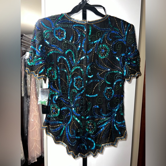 NWT- Chaudry silk black , blue and teal sequins short sleeves blouse in size M - Picture 3 of 7